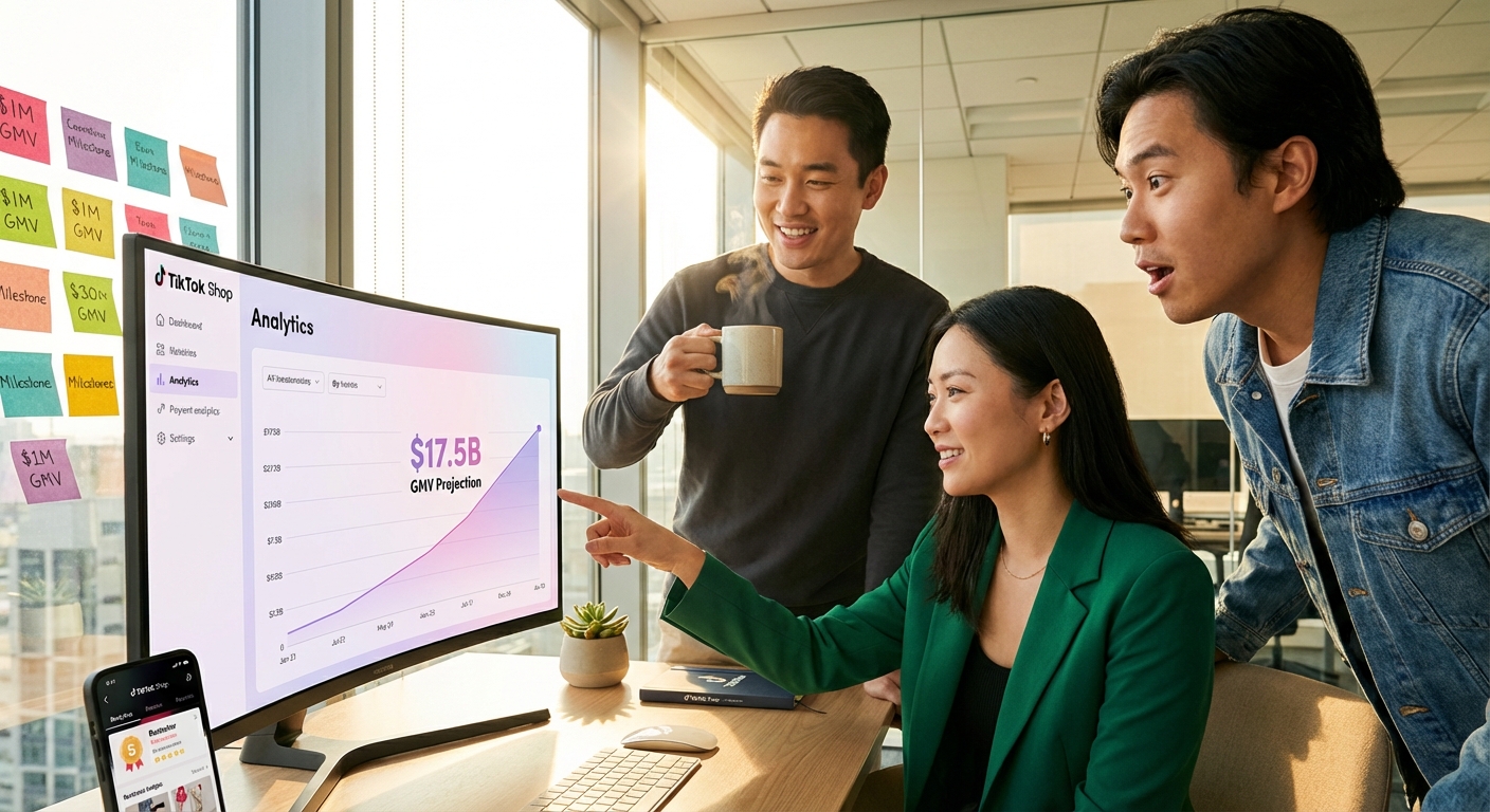 Brand team celebrating TikTok Shop growth data on dashboard showing 2025 GMV projections and rising revenue trends