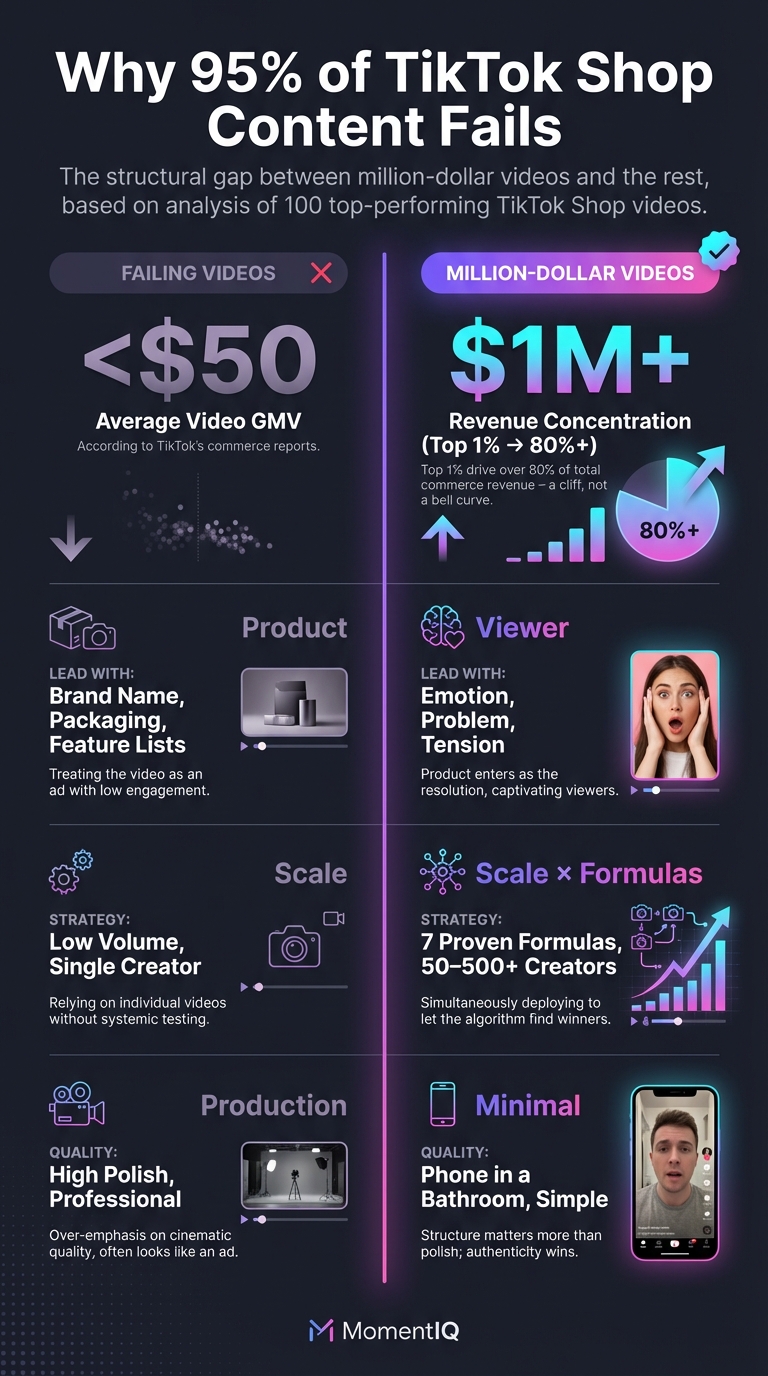 Infographic revealing the TikTok Shop viral content formula overview with reverse-engineered patterns from top-performing