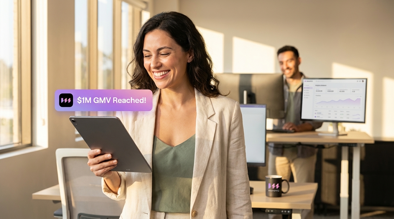 Beaming brand owner walking through a modern office, celebrating $1M GMV reached on TikTok Shop.