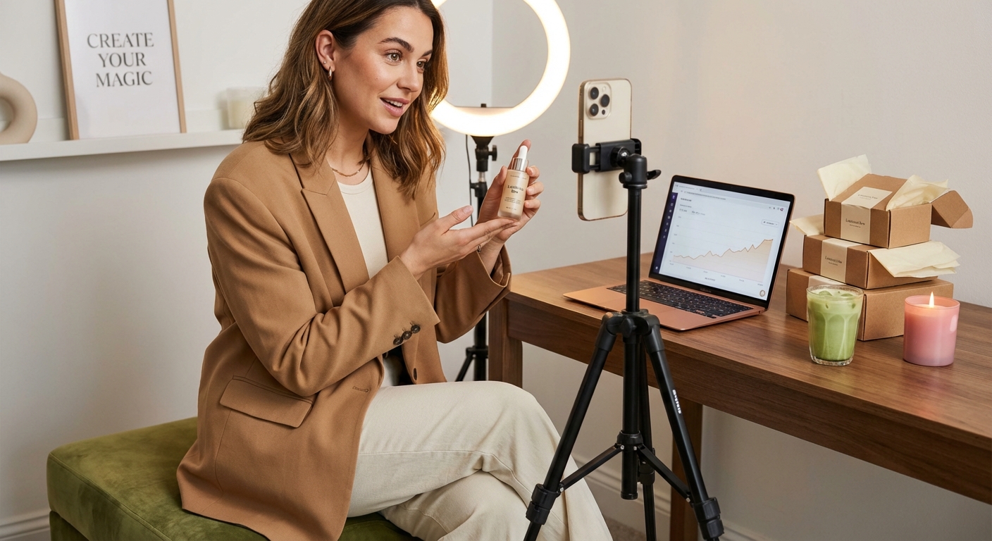 Creator filming a TikTok Shop product video in a professional ring light studio setup with sales dashboard visible