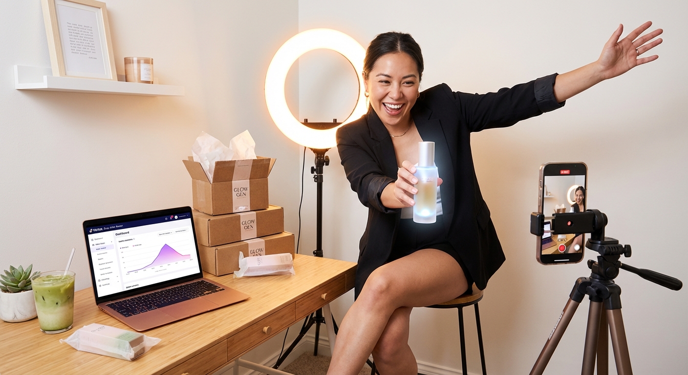 Creator filming a TikTok Shop product video in a professional ring light studio setup with sales dashboard visible