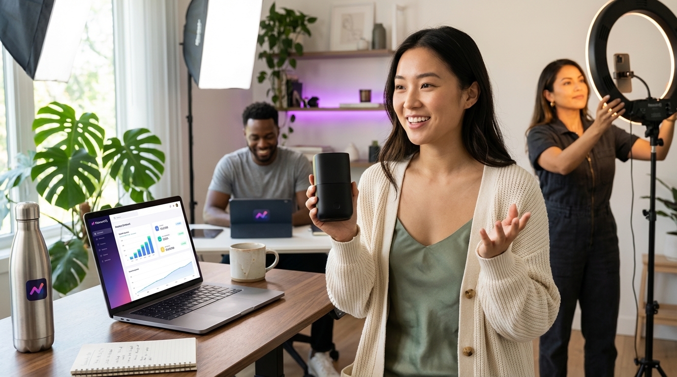 Diverse group of TikTok Shop creators actively filming product videos in their home studios.