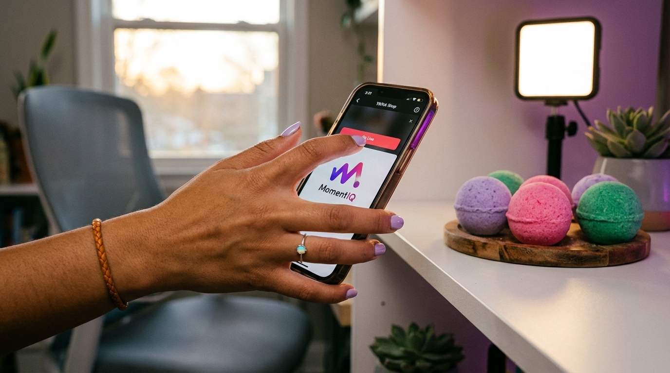 Creator's hand hitting 'Go Live' button for a TikTok Shop stream, with handmade bath bombs in the background.