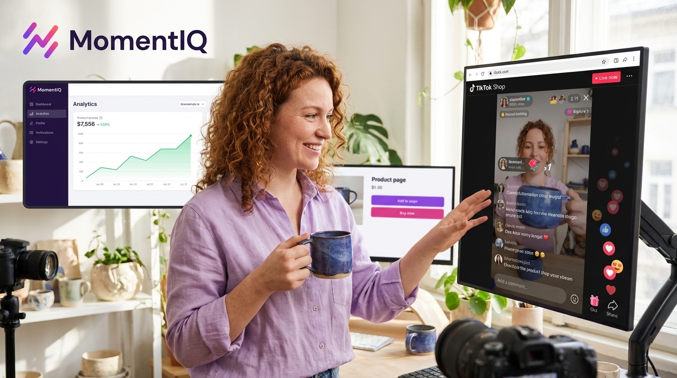 Dynamic creator studio setup with multiple screens showing TikTok Shop live stream, analytics, and filming in progress.