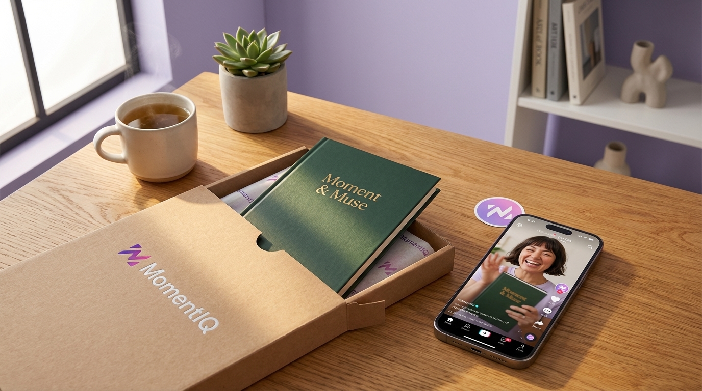 Flat lay of a creator's desk with an opened product seeding package (custom journal) and a TikTok unboxing video.