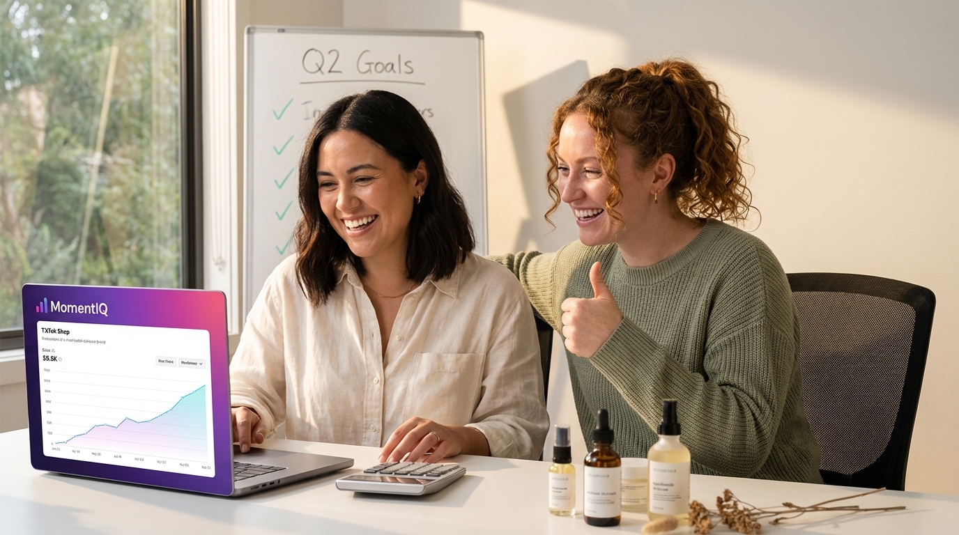 Small-batch brand founders celebrating strong TikTok Shop profit margins on revenue dashboard at modern workspace