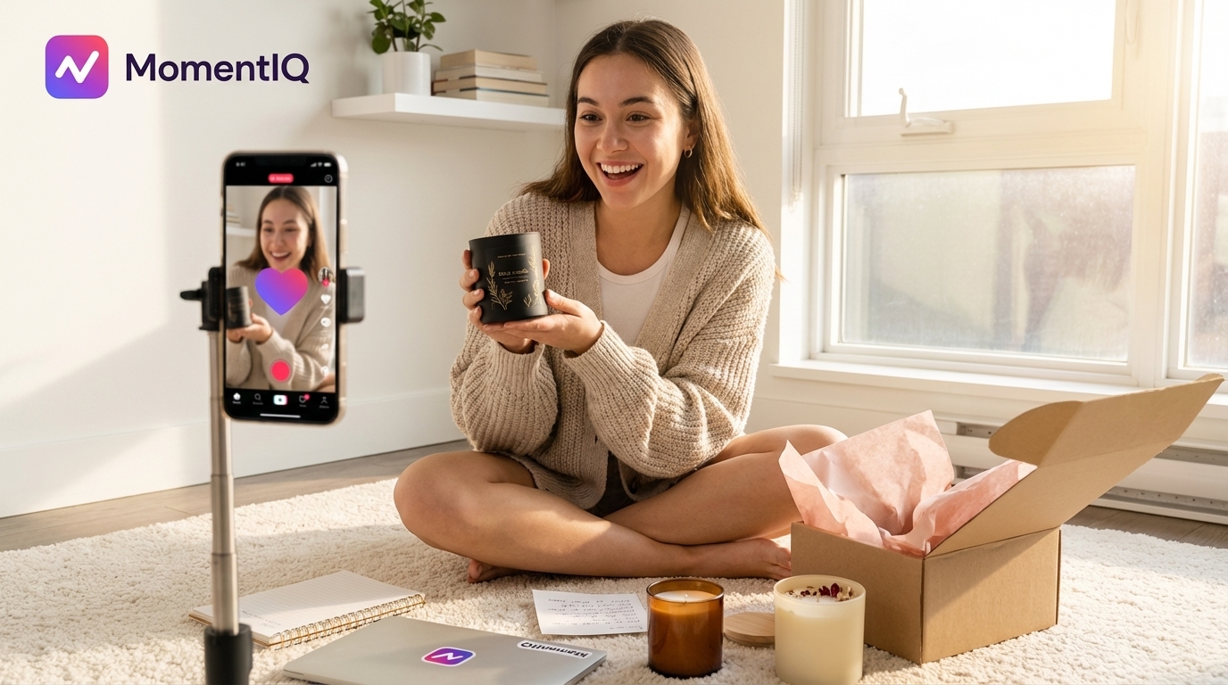 TikTok creator excitedly unboxing handmade candle products from small-batch brand during product seeding moment