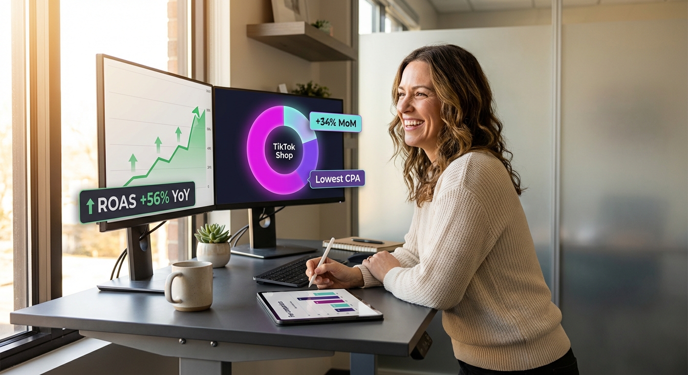 Brand analyst reviewing TikTok Shop ROAS metrics and channel revenue data on dual monitors showing strong performance