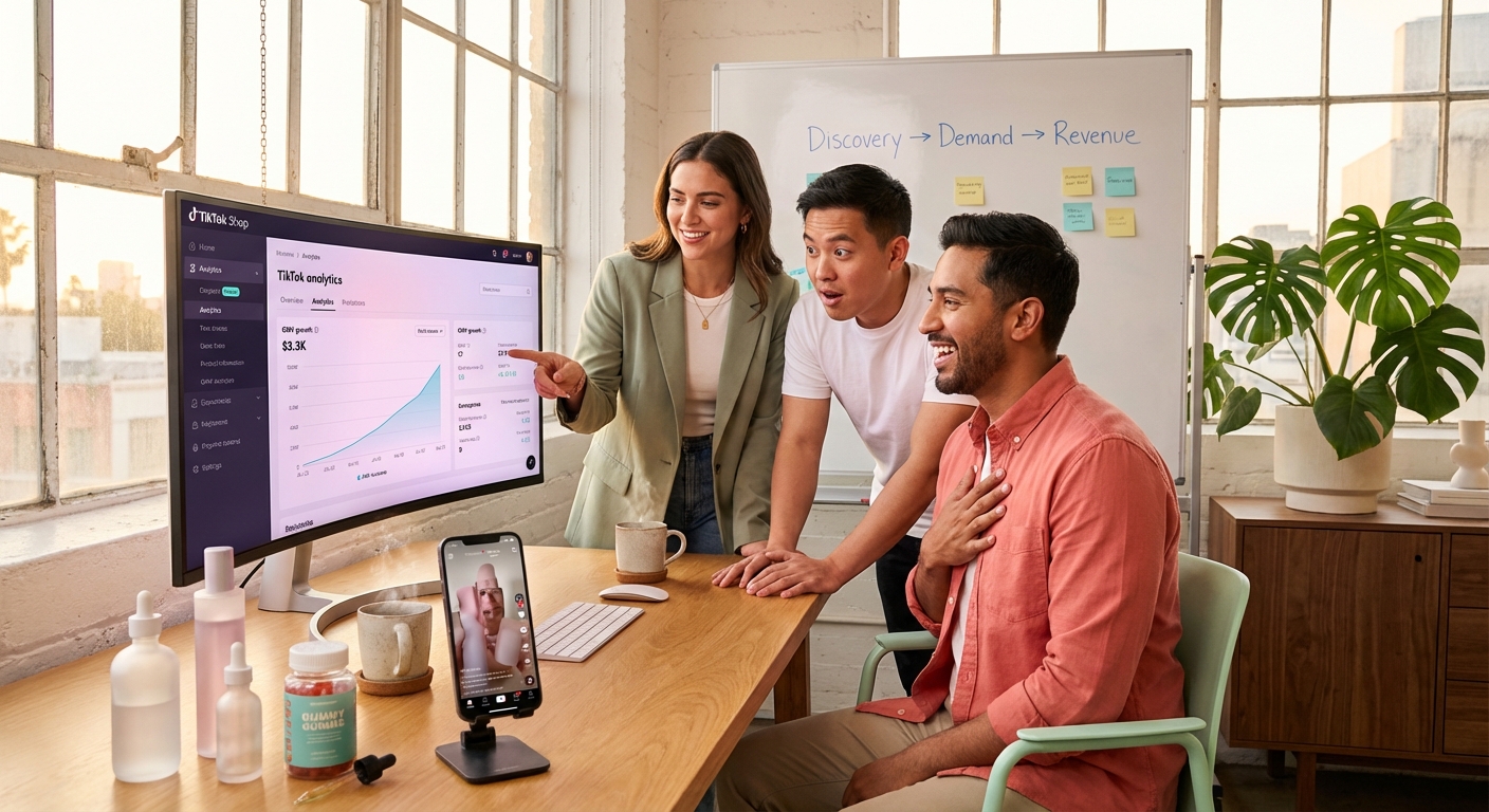 Brand marketing team excitedly reviewing TikTok Shop discovery commerce analytics dashboard showing GMV growth
