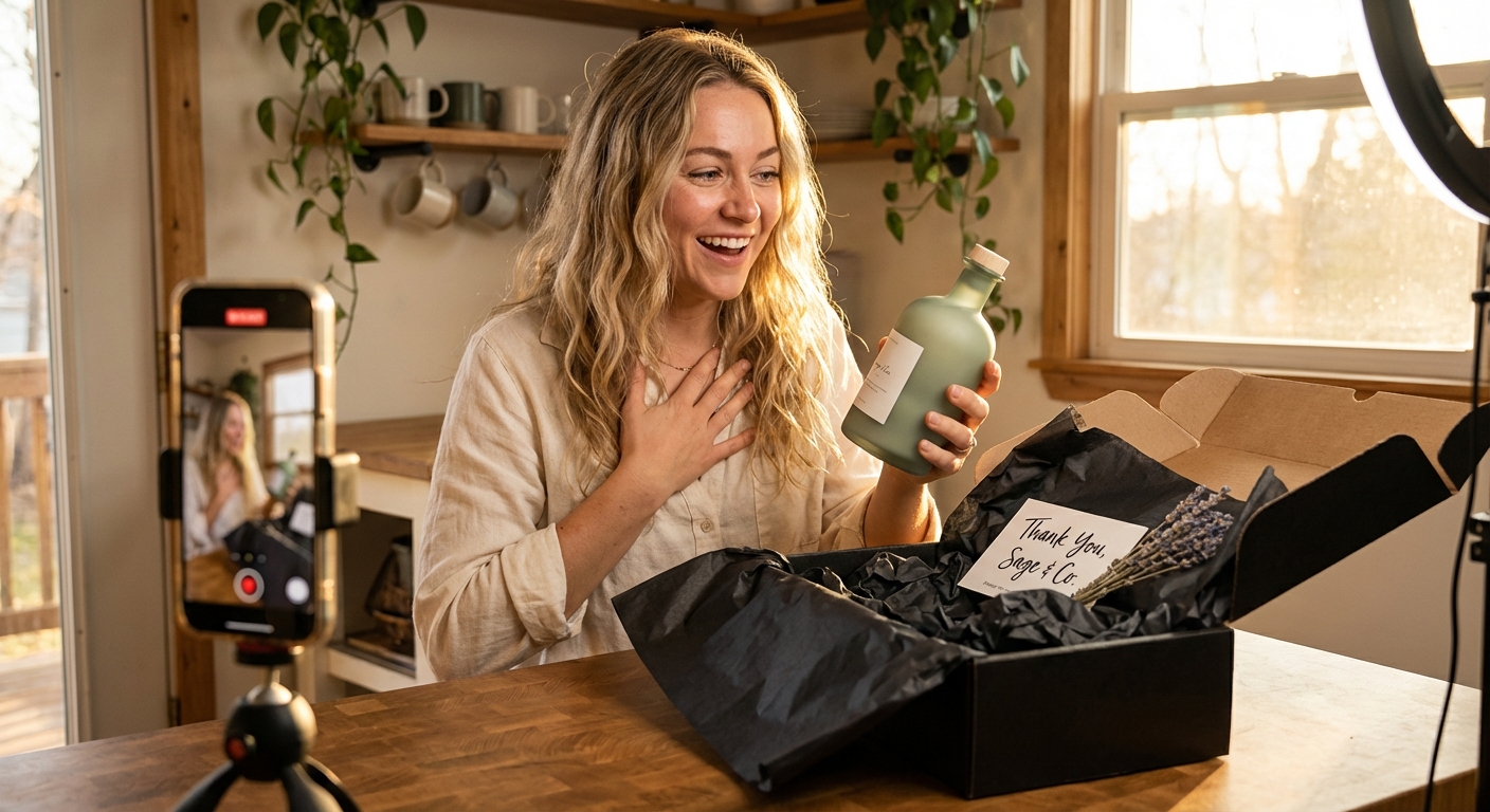 Creator excitedly unboxing TikTok Shop product seeding package while filming content with ring light setup