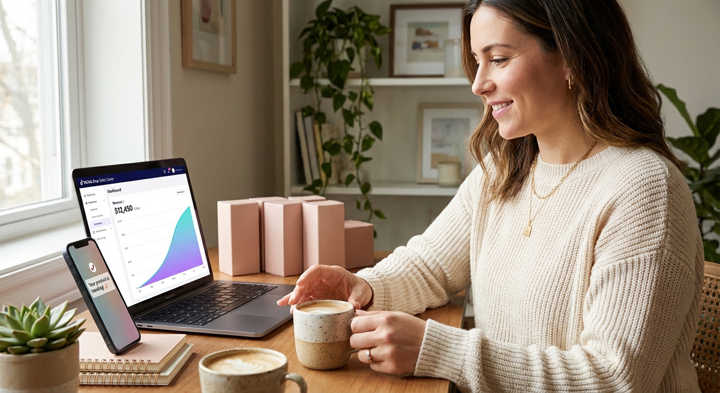 DTC brand founder workspace with TikTok Shop trending product notification and revenue analytics on laptop