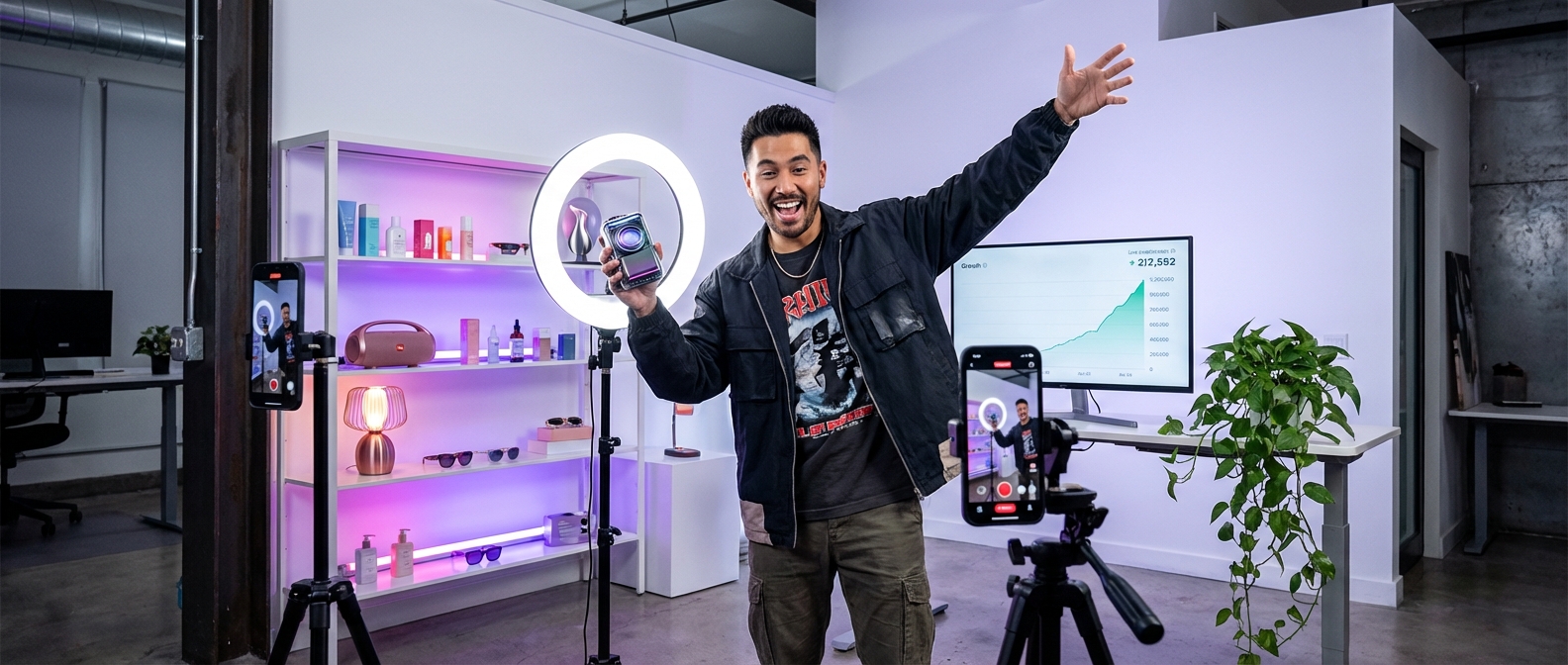 Professional TikTok Shop creator studio with ring light setup filming product demonstration for shoppable video