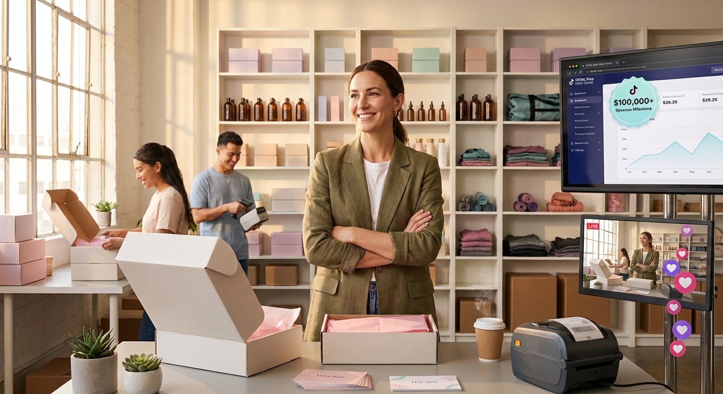 Successful TikTok Shop entrepreneur proudly standing in organized fulfillment warehouse with $100K revenue milestone on screen