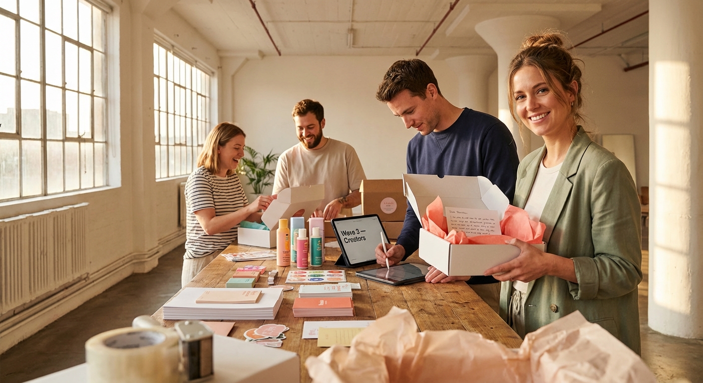 Team joyfully assembling TikTok Shop product seeding packages for creator influencer partnerships
