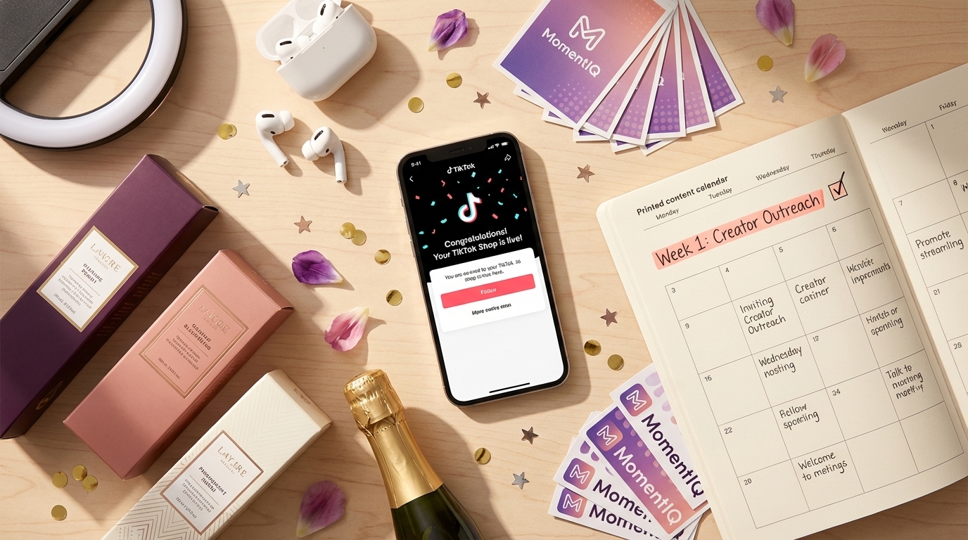 TikTok Shop launch celebration flat lay with live shop confirmation on phone branded products and content calendar