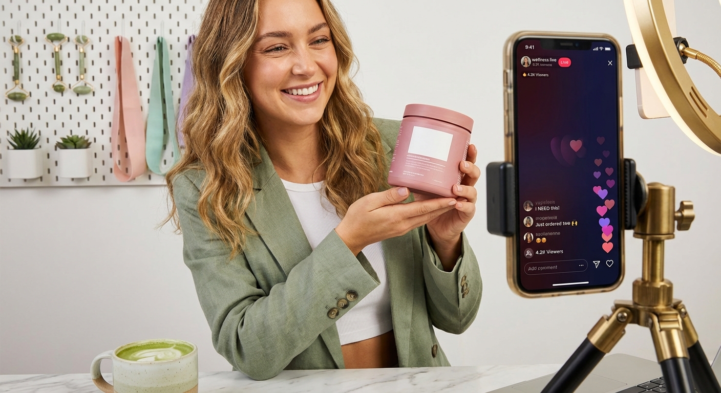 Young content creator confidently presenting products during a TikTok Shop live stream with engaged audience reactions