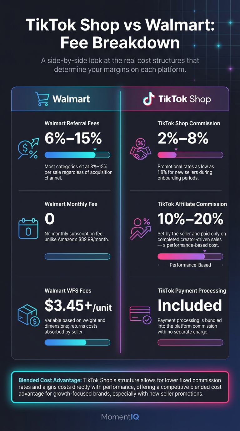 Infographic comparing TikTok Shop and Walmart Marketplace seller fees including referral rates, commission structures, fulfillment costs, and subscription fees for 2025