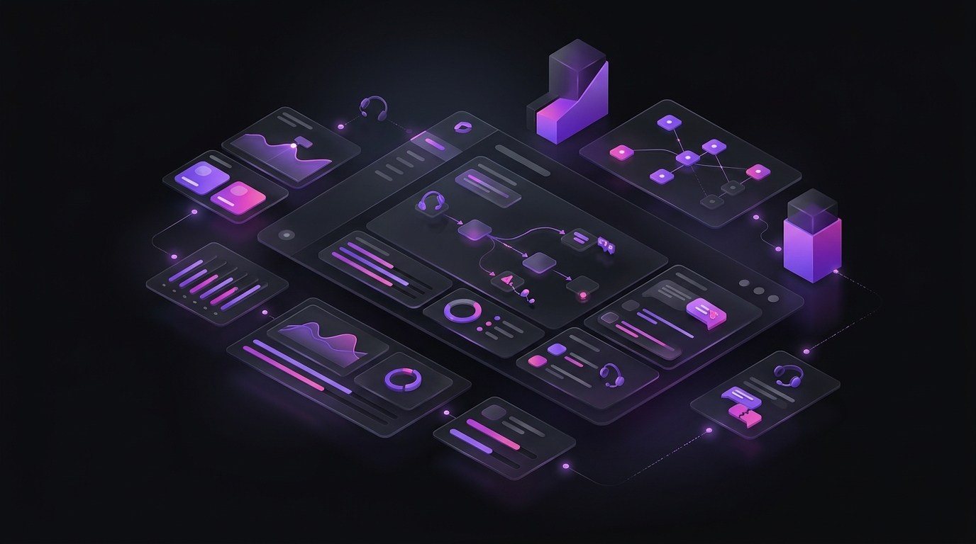 Dark isometric dashboard illustration with glowing purple charts and metric tiles for "Why Traditional In-House Teams Fail at Scale"