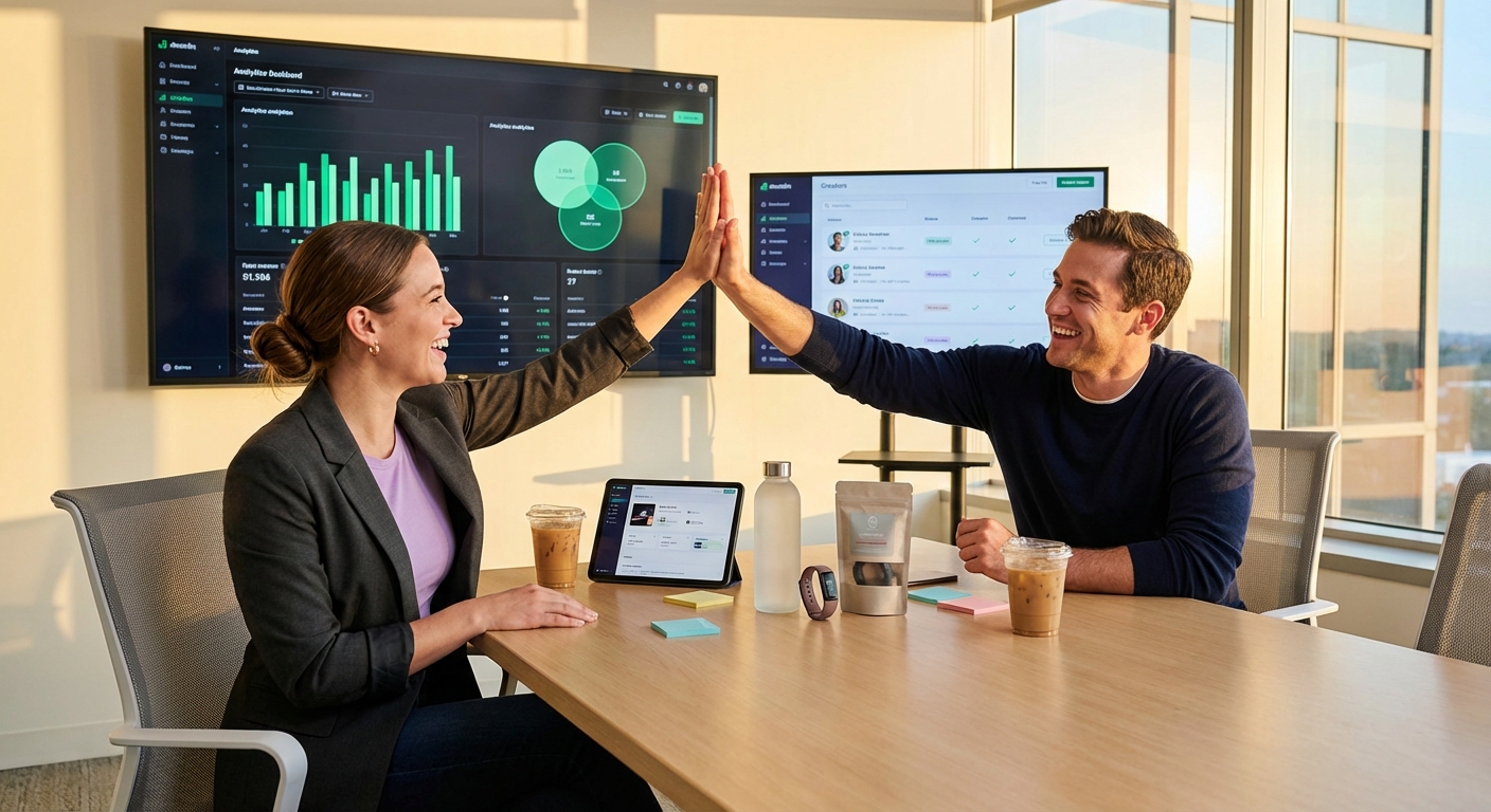 Brand team celebrating successful TikTok Shop creator matching with analytics dashboard showing high conversion rates