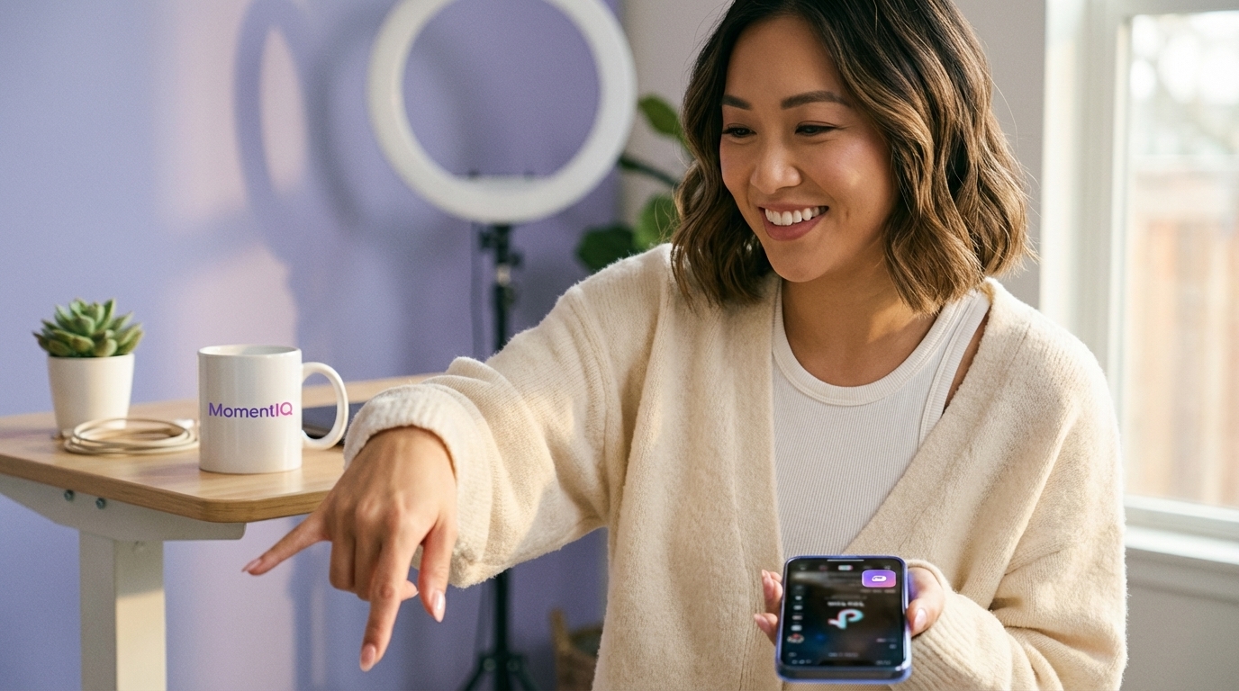 Confident TikTok Shop creator delivering a clear call-to-action with animated text overlay.