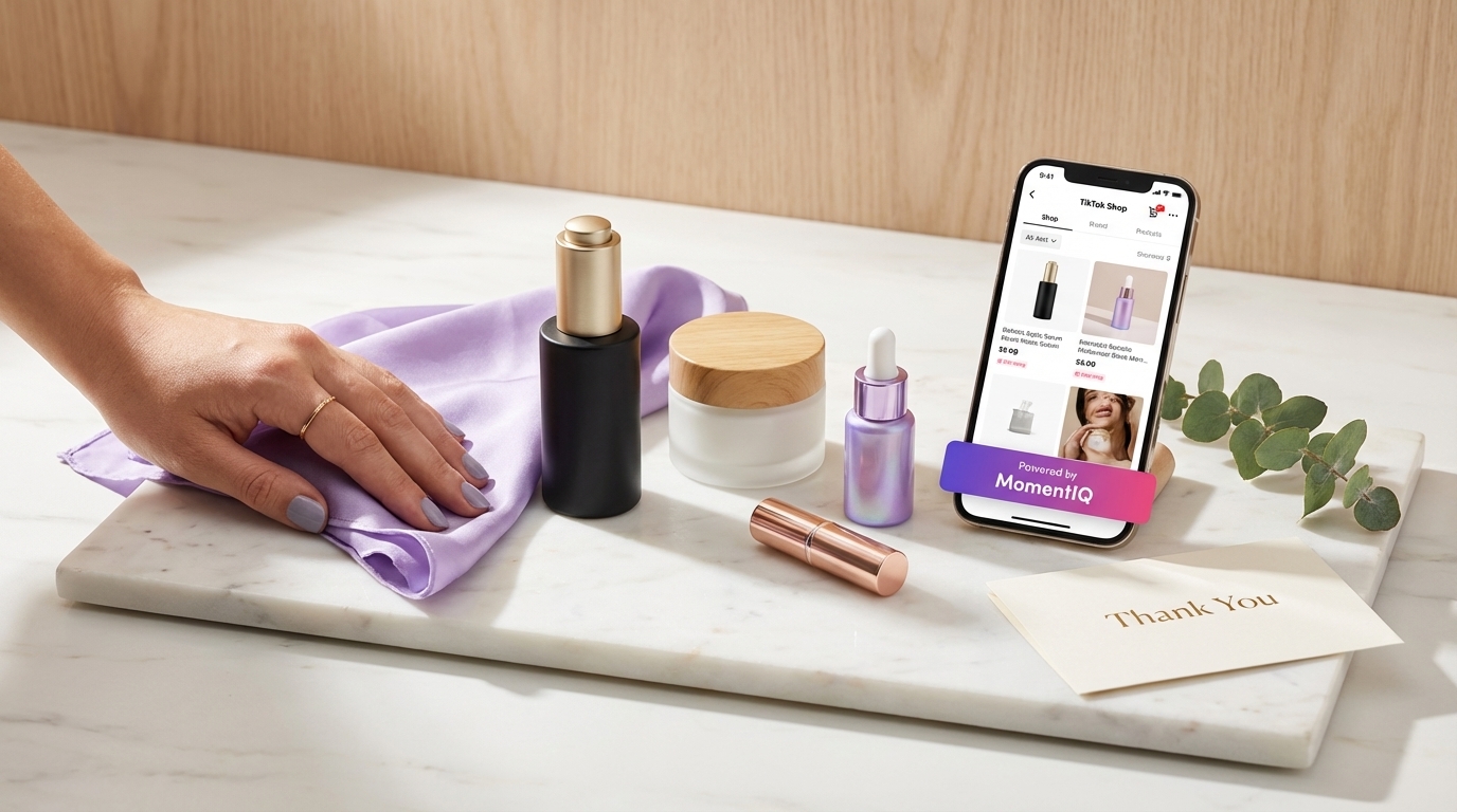 Flat lay of premium skincare products with a phone showing an optimized TikTok Shop listing.