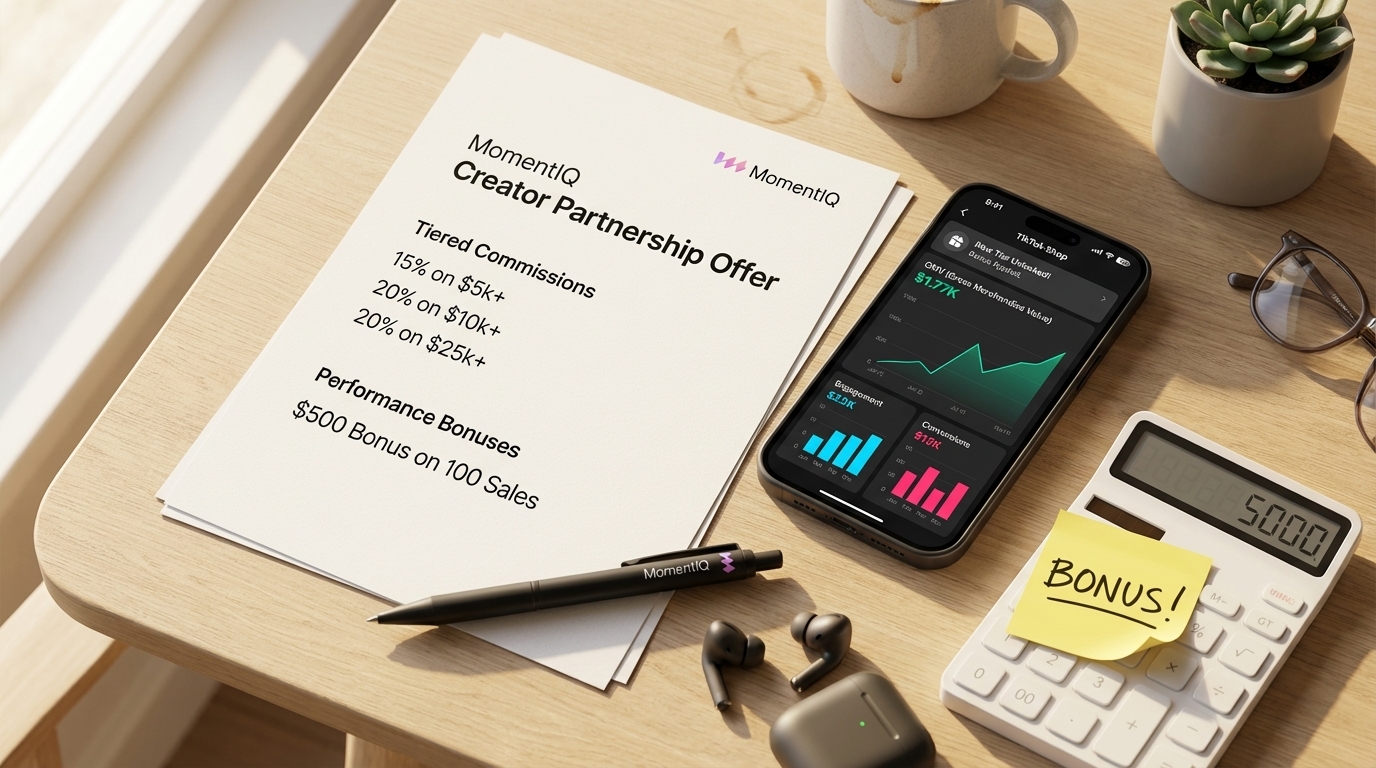 Flat lay showing a TikTok Shop creator partnership offer, analytics, and bonus calculations.