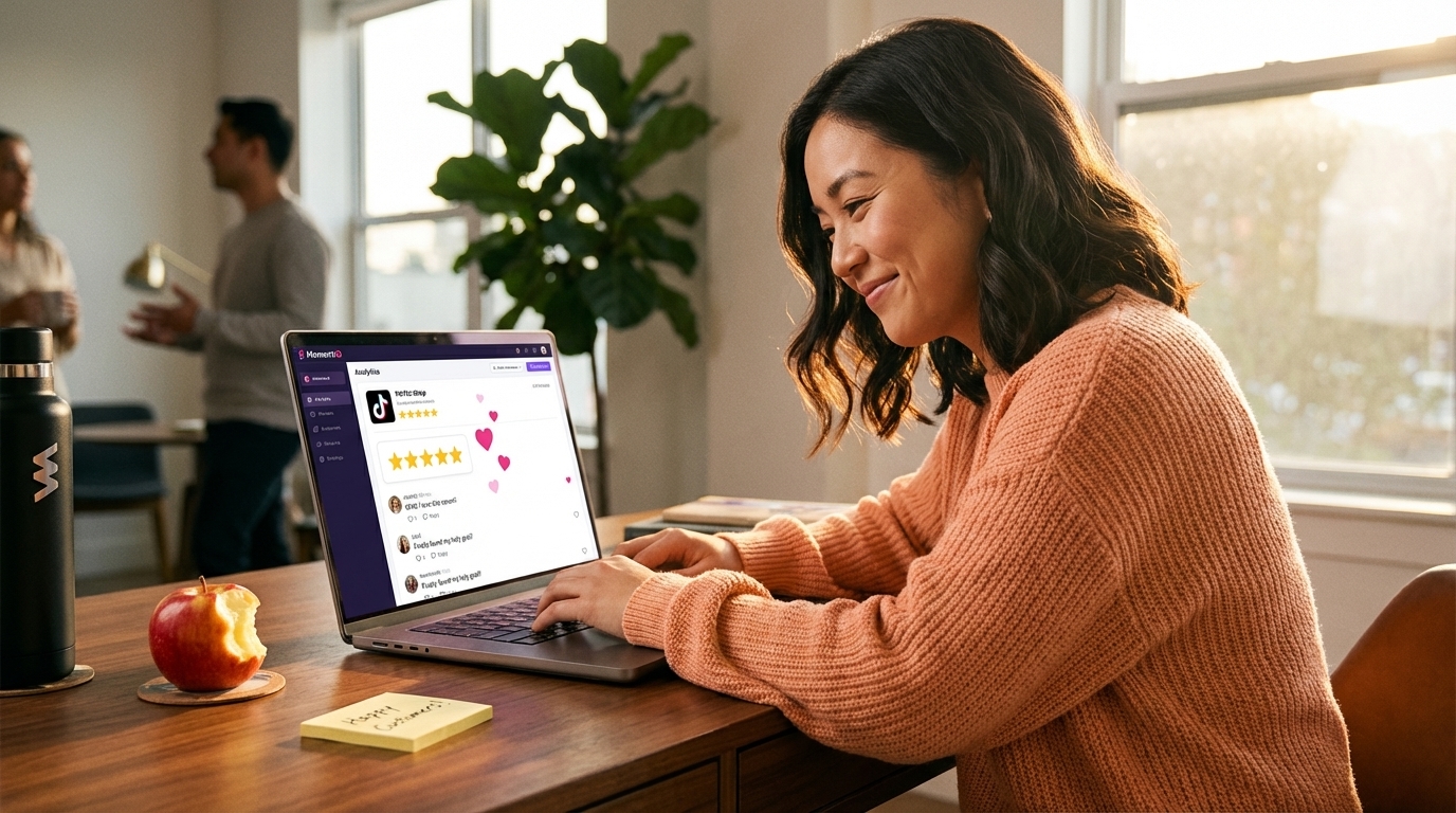 Marketing analyst reviewing positive customer comments and glowing reviews from TikTok Shop.