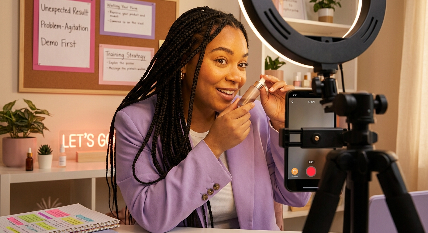TikTok Shop creator filming an engaging product hook in a professional ring light studio setup