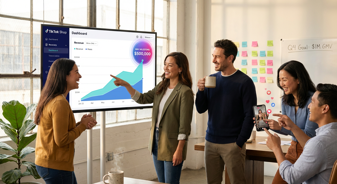 Brand team celebrating explosive TikTok Shop revenue growth on a large analytics dashboard in a modern office
