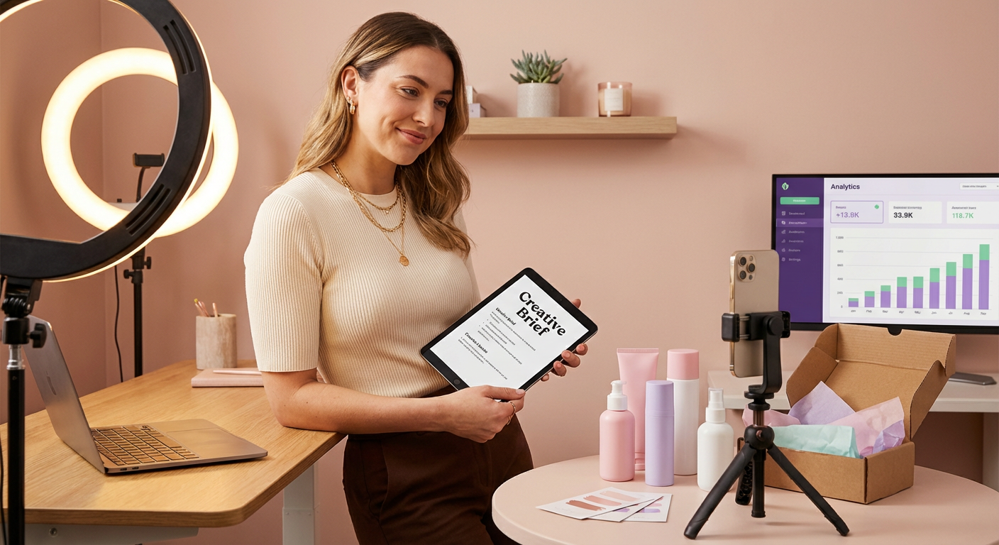TikTok Shop creator reviewing a product brief in her professional ring light studio setup with analytics on a nearby screen