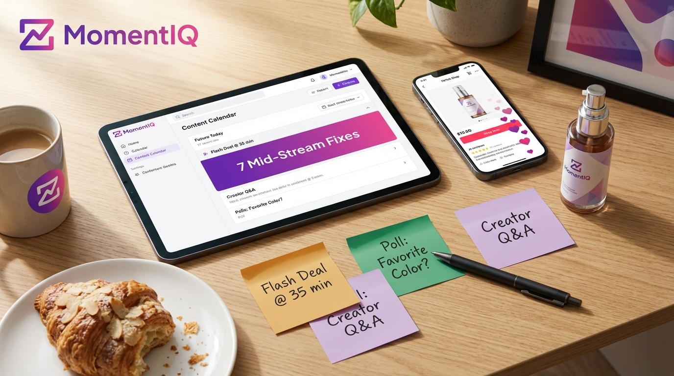 Flat lay of a TikTok Shop planning station with a tablet showing mid-stream fixes and product samples.