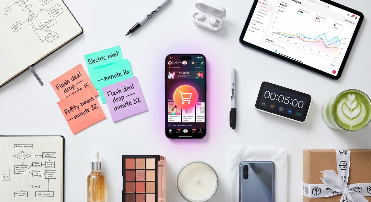 Flat lay of TikTok Shop live stream planning setup with phone interface analytics and organized product lineup