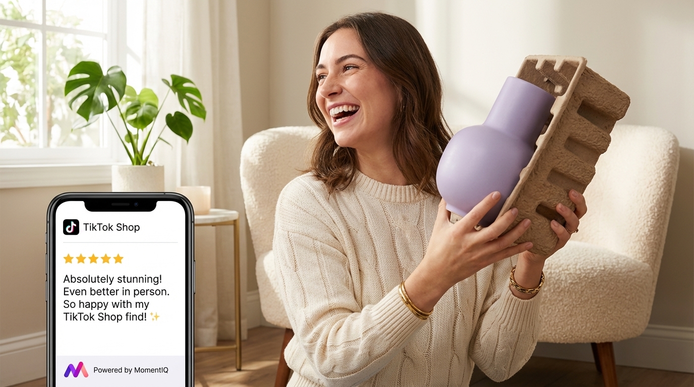 Happy customer smiling while holding up a beautifully unboxed product from TikTok Shop, with a positive review on her phone.