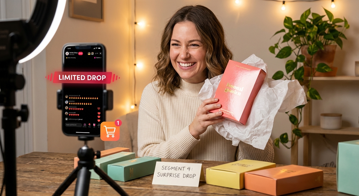 TikTok Shop creator excitedly revealing a surprise product drop during a structured live stream segment with engaged viewers