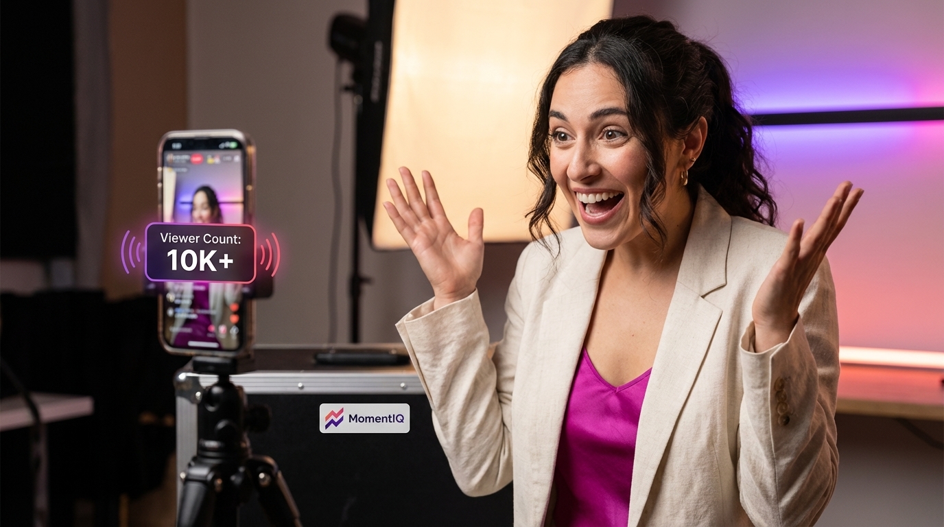 TikTok Shop live stream host joyfully celebrating a massive viewer count and broad distribution
