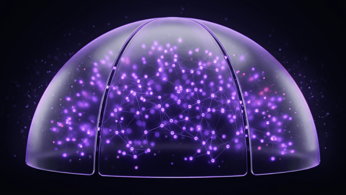 A broad frosted glass dome enclosing many small glowing violet nodes