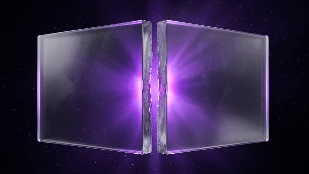 Two glass plates meeting at an imperfect join with violet light leaking through the seam
