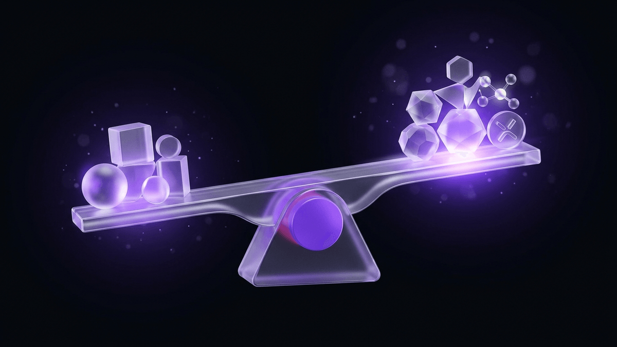 A glass balance beam with a violet fulcrum, weighted differently on each side