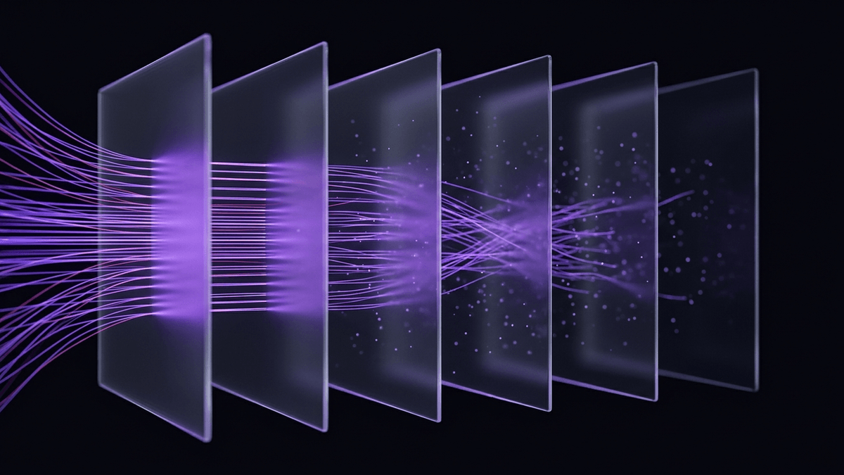 Violet signal threads dissipating and thinning as they cross multiple glass boundaries