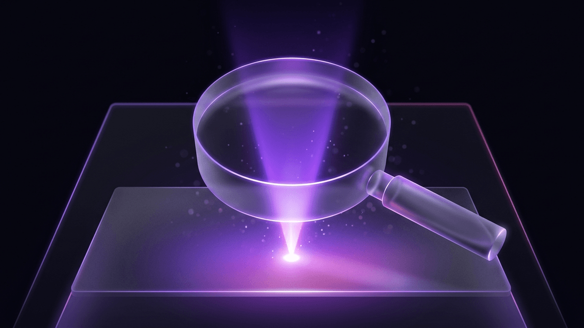 A frosted glass magnifying lens focusing violet light onto a small bright point