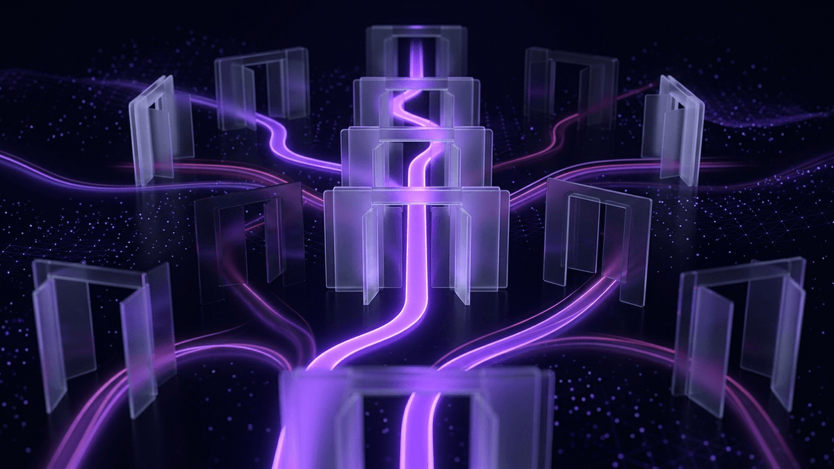A branching violet path through a series of glass gates, one route lit end to end