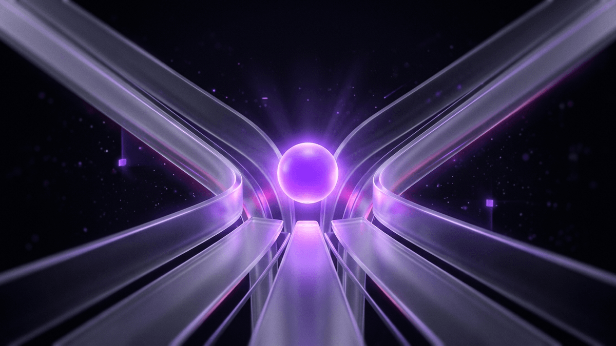 A single glowing violet sphere at the end of a converging funnel of frosted glass rails