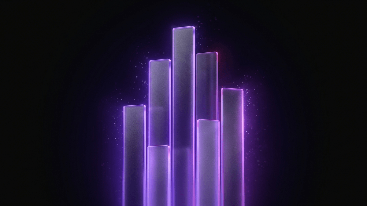 A vertical stack of frosted glass measuring bars rising at different heights, violet edge-lit