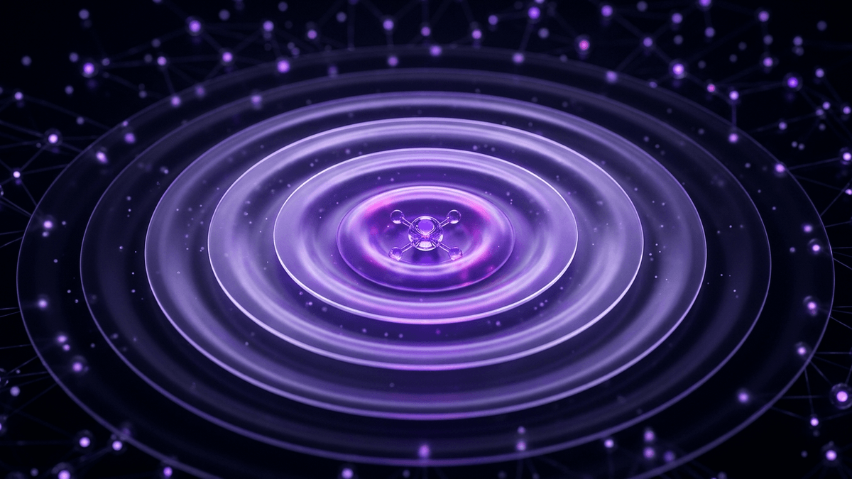 Concentric violet ripples radiating from a small glass node, like a question propagating outward