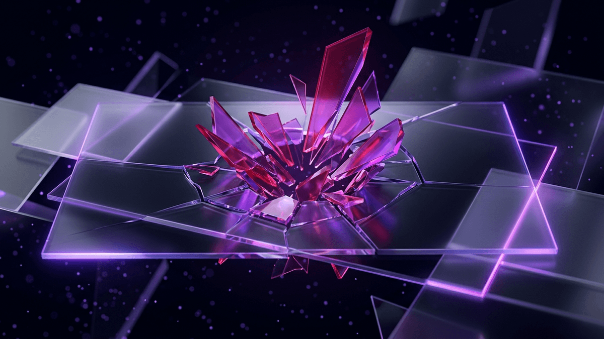 Angular red-violet shards breaking the surface of an otherwise calm glass plane