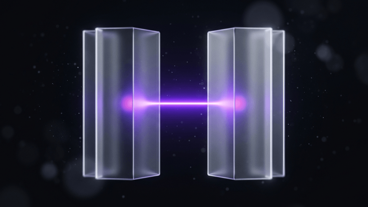 Two parallel frosted glass columns side by side with a violet beam measuring between them