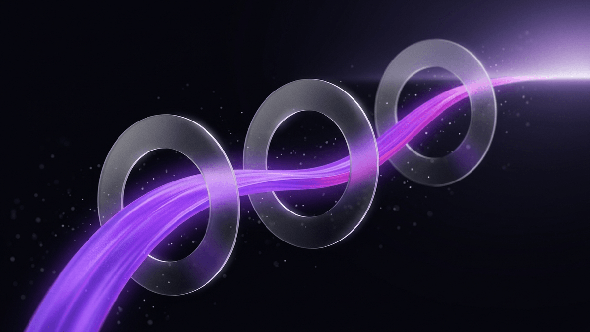 A violet growth arc rising through three glass checkpoint rings toward a bright horizon