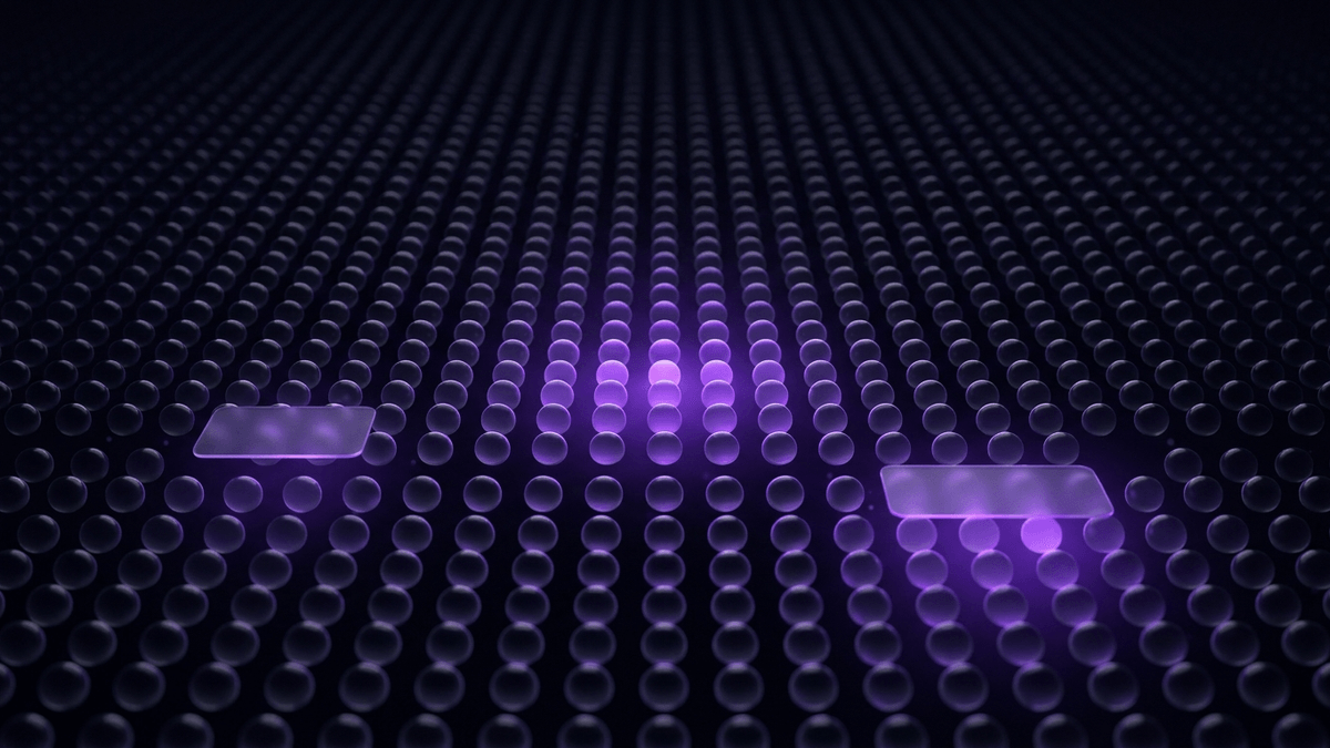 A vast field of identical dim glass dots stretching to the horizon, almost none glowing