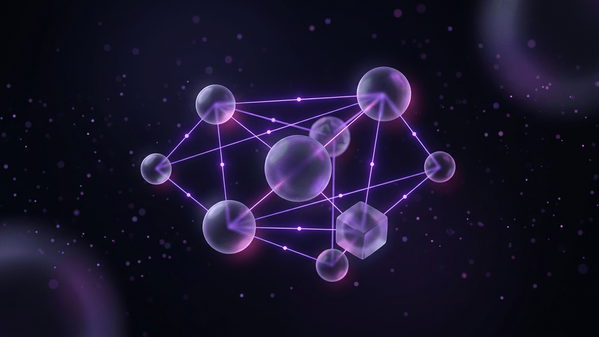 A small set of glass nodes with clear violet connecting threads and measurable spacing