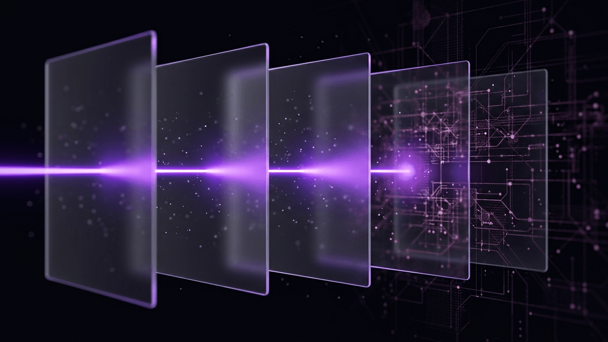 A violet probe beam passing through layered glass panes and revealing the depth behind